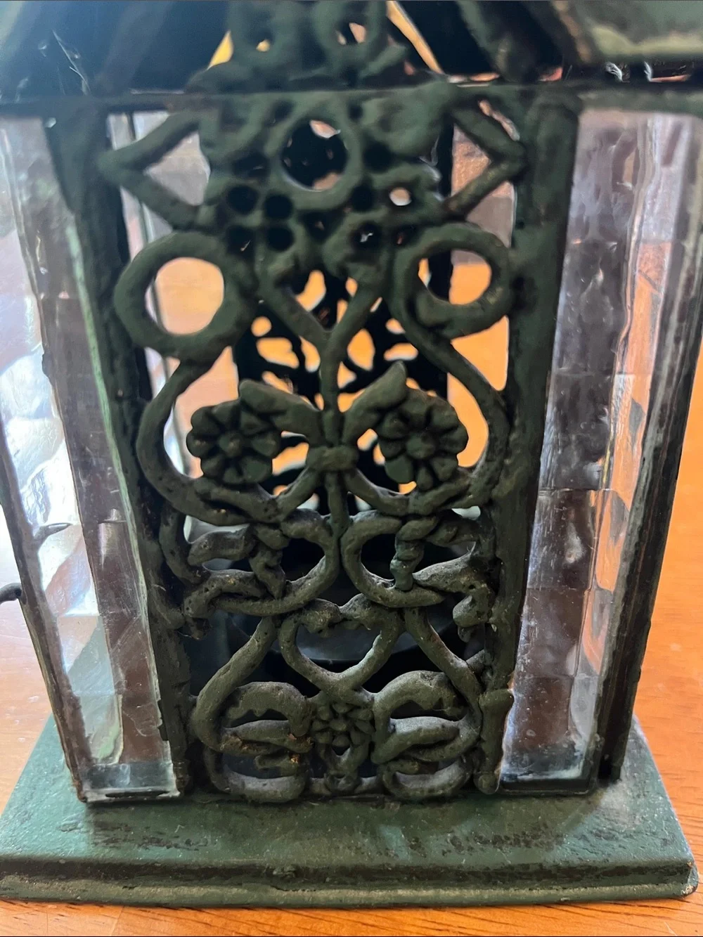 Green Decorative Metal and Glass Cathedral style tea light Lantern